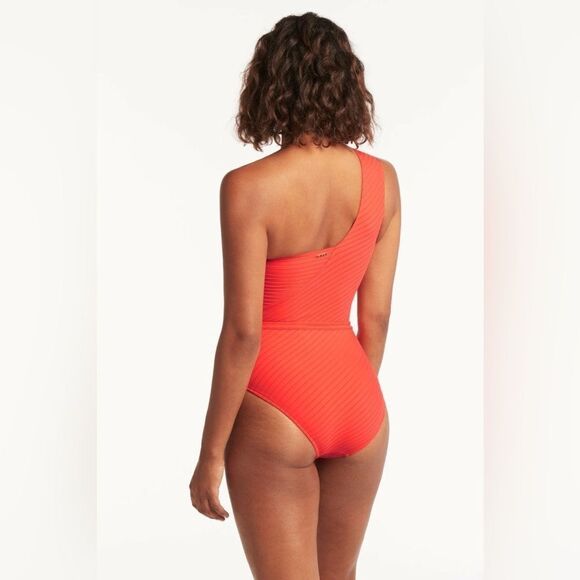 Sea Level Australia One Shoulder Vesper Wide Strap Diagonal One Piece Tangerine - Picture 3 of 14